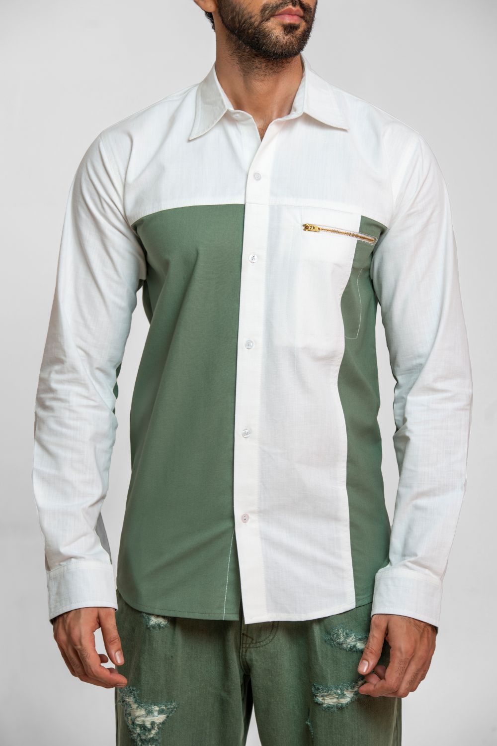 Men's olive green two-tone shirt with color block detailing and regular fit