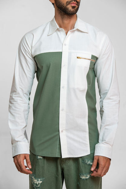Men's olive green two-tone shirt with color block detailing and regular fit
