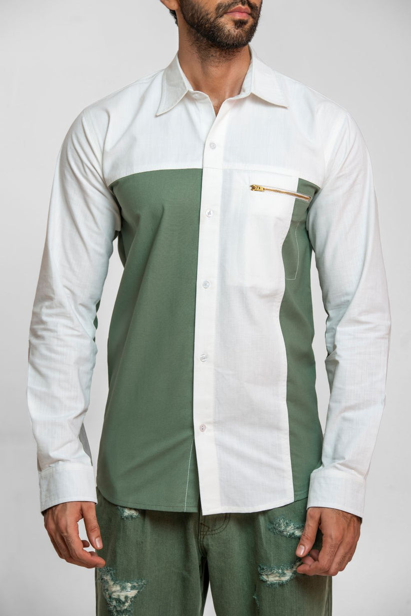 Men's olive green two-tone shirt with color block detailing and regular fit