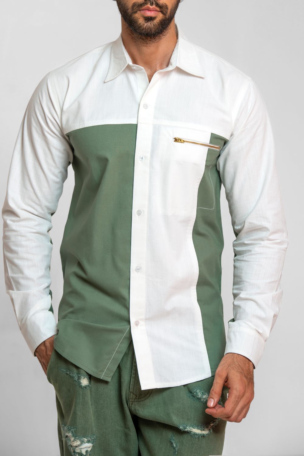 Men's olive green two-tone shirt with color block detailing and regular fit