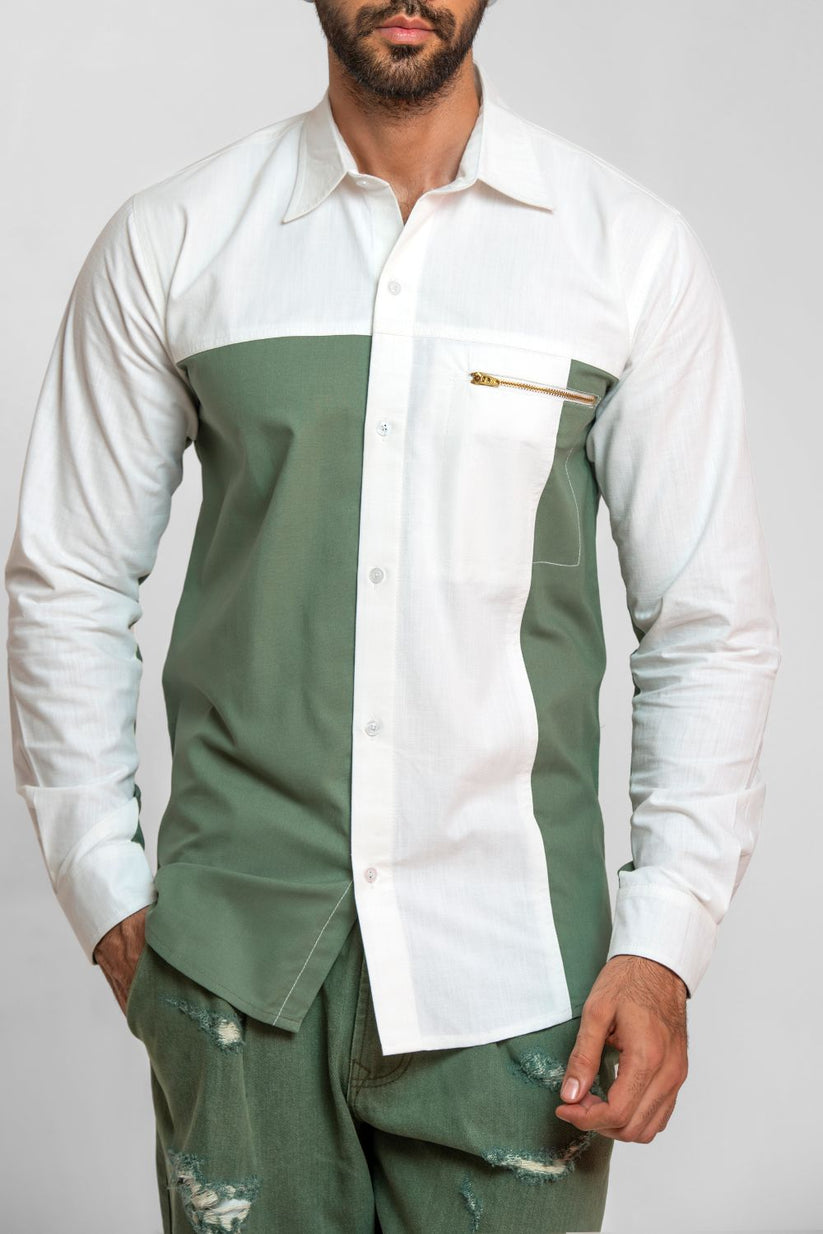Men's olive green two-tone shirt with color block detailing and regular fit