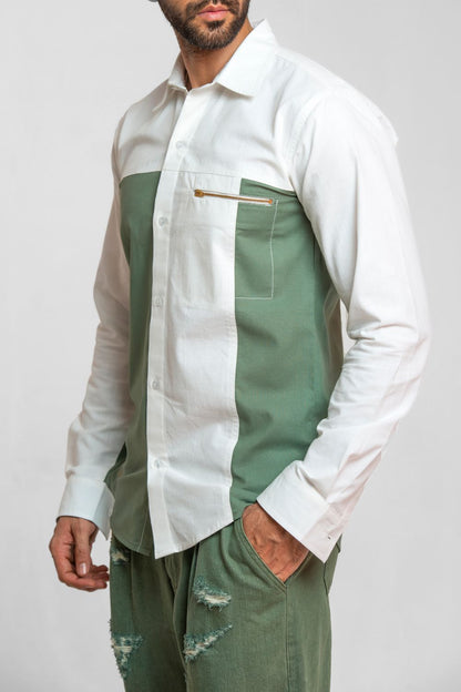Men's olive green two-tone shirt with color block detailing and regular fit