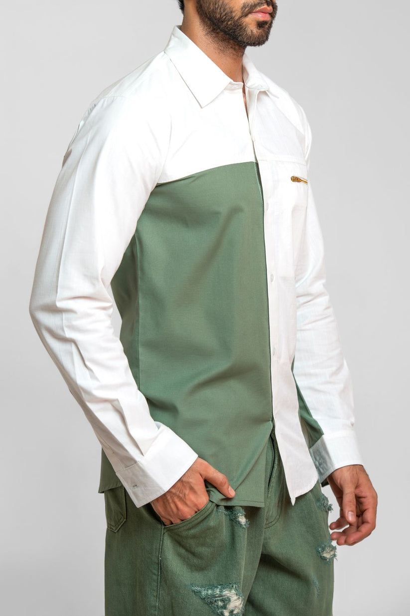 Men's olive green two-tone shirt with color block detailing and regular fit