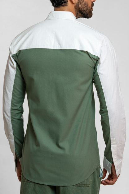 Men's olive green two-tone shirt with color block detailing and regular fit