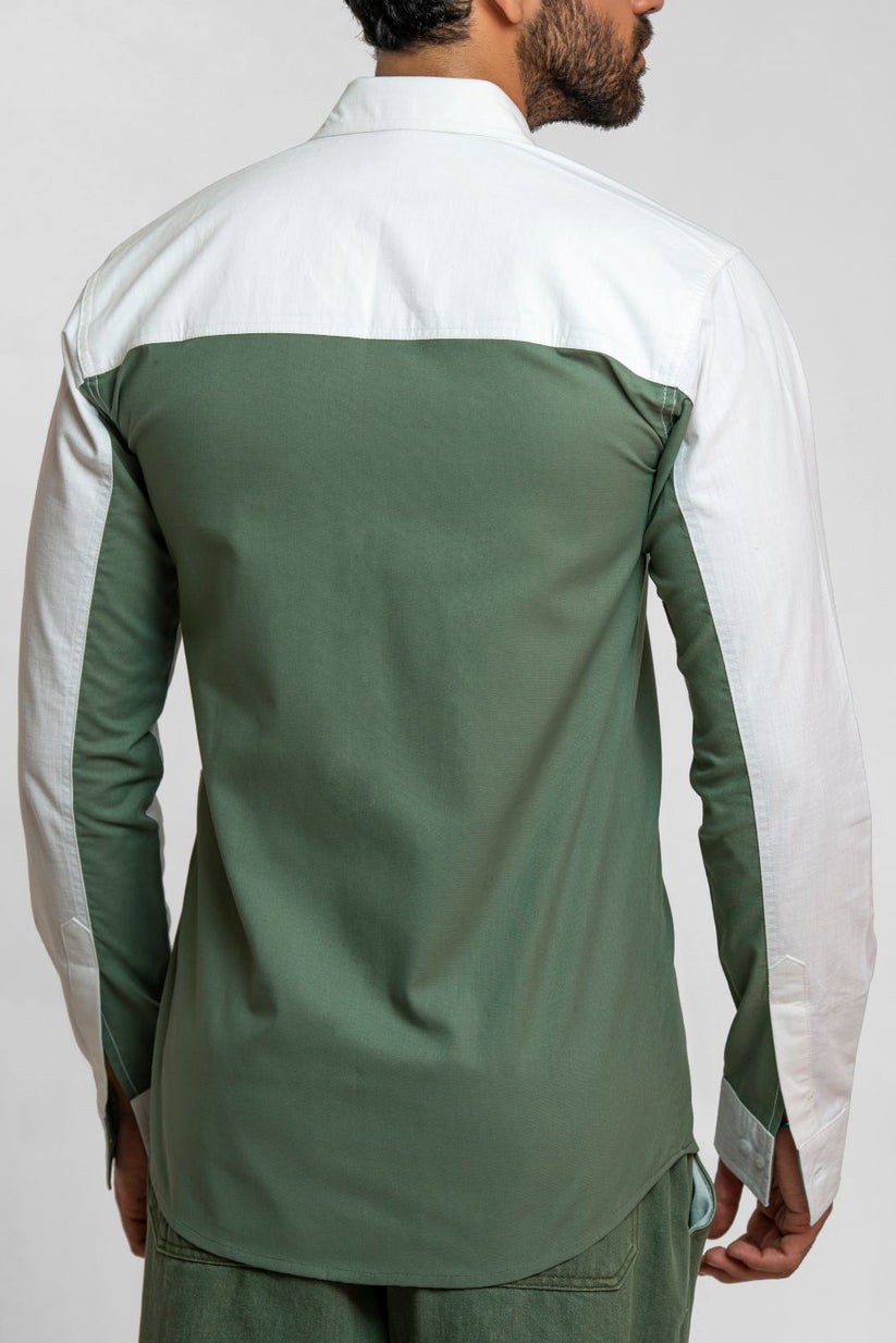 Men's olive green two-tone shirt with color block detailing and regular fit