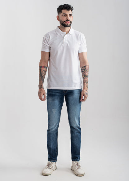 Men's regular fit white polo shirt with classic collar