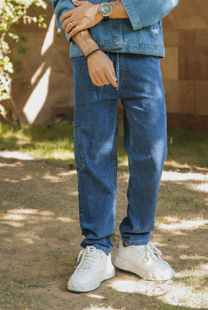 Men’s relaxed fit dark blue jog jeans with elastic comfort fit