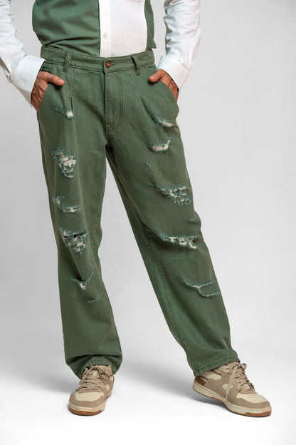 Men's relaxed fit olive green straight jeans with pocket detailing