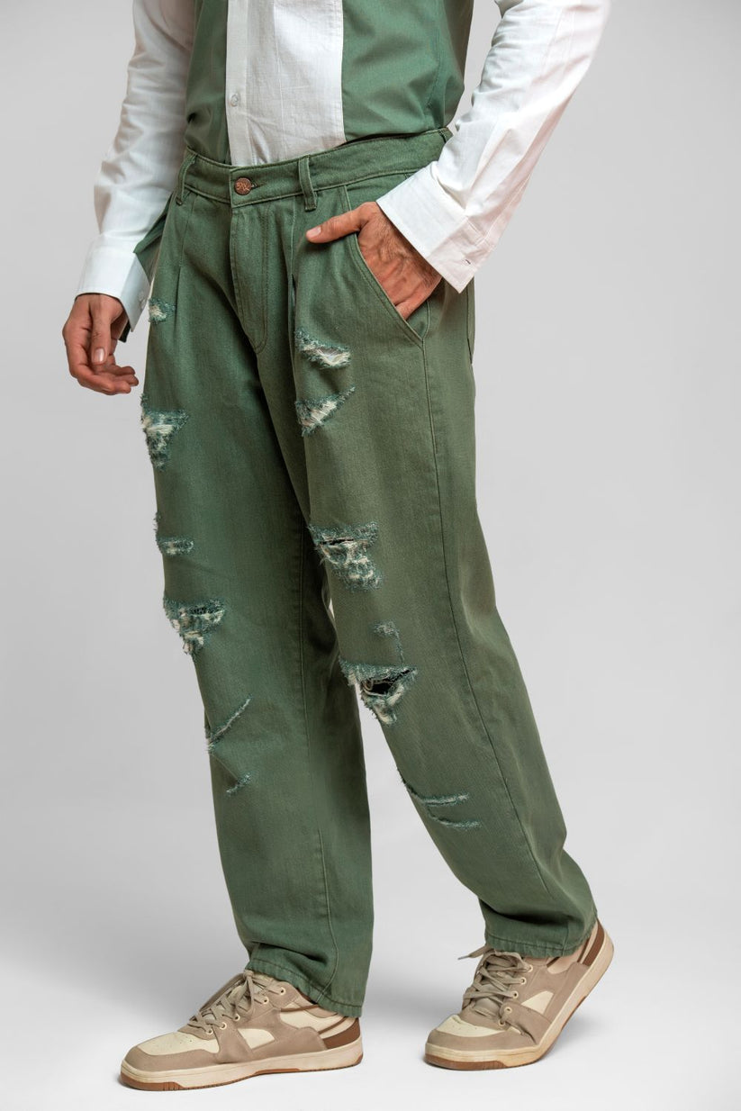 Men's relaxed fit olive green straight jeans with pocket detailing