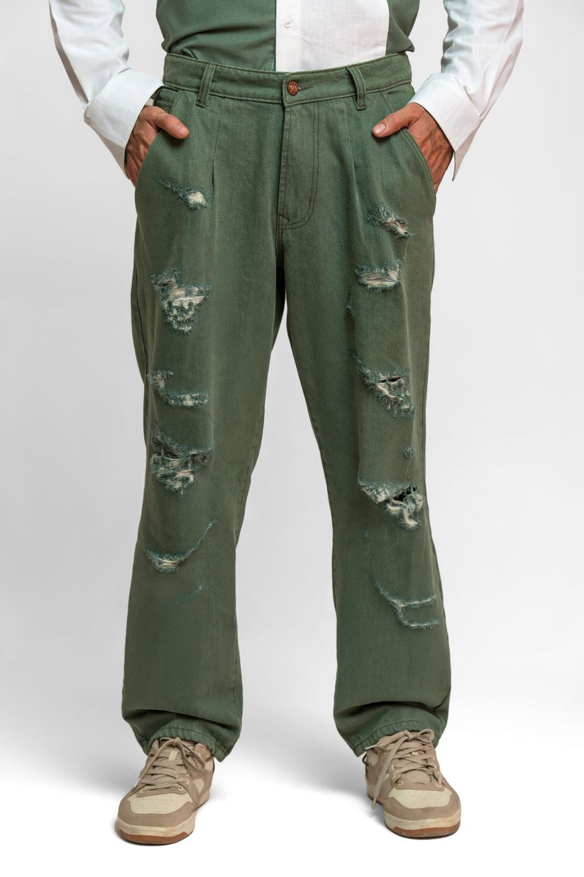 Men's relaxed fit olive green straight jeans with pocket detailing