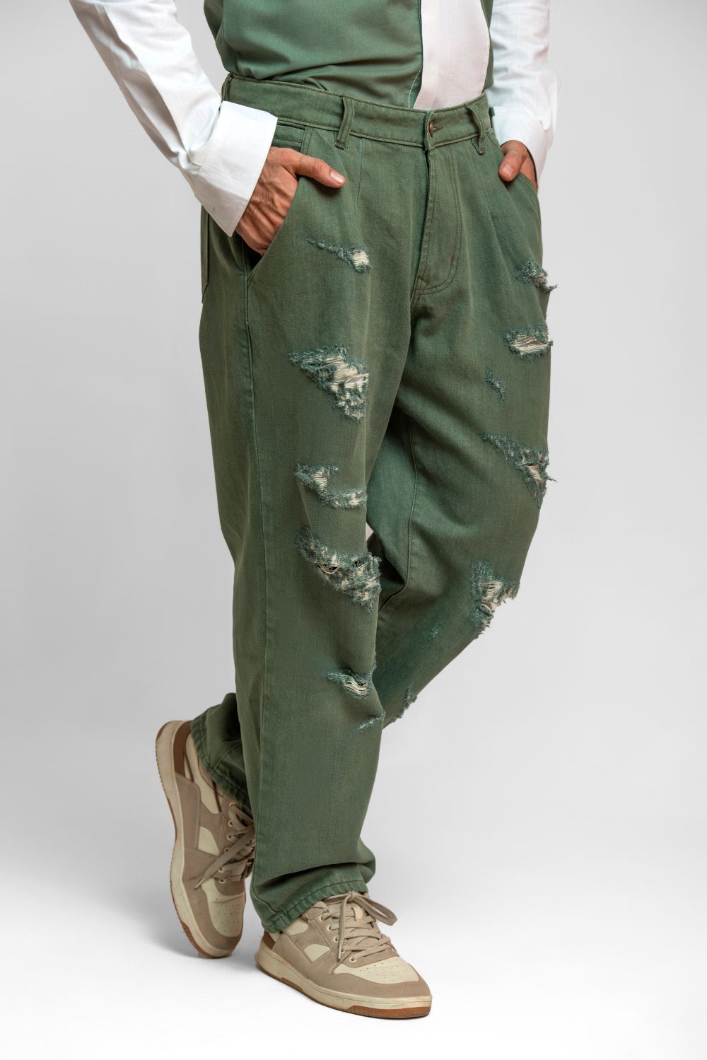 Men's relaxed fit olive green straight jeans with pocket detailing