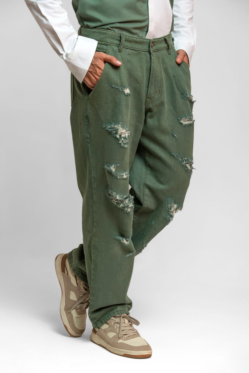 Men's relaxed fit olive green straight jeans with pocket detailing