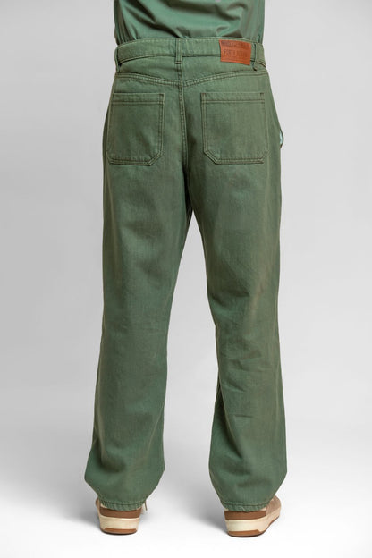 Men's relaxed fit olive green straight jeans with pocket detailing