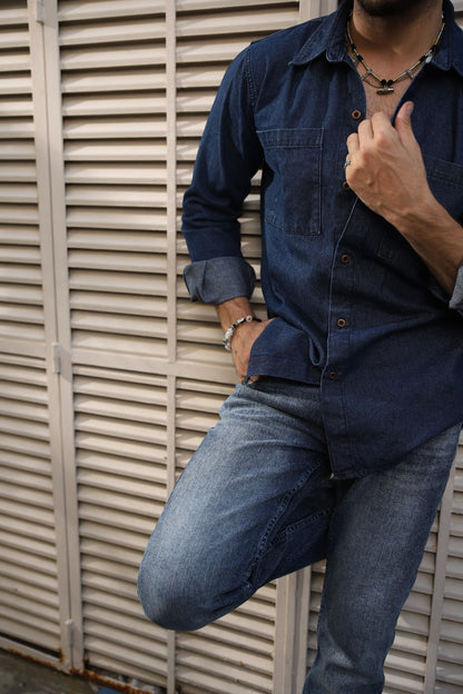 Men’s slim fit acid wash blue jeans with distressed vintage finish