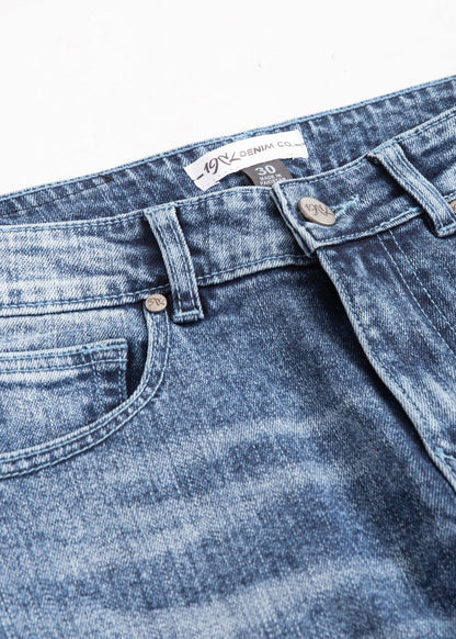 Men’s slim fit acid wash blue jeans with distressed vintage finish