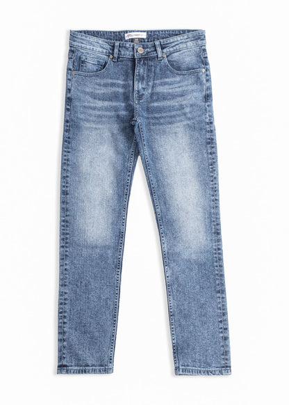 Men’s slim fit acid wash blue jeans with distressed vintage finish