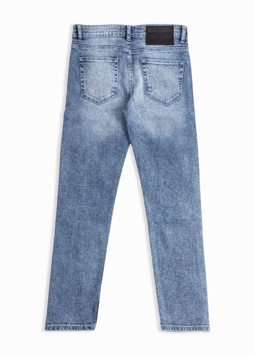 Men’s slim fit acid wash blue jeans with distressed vintage finish