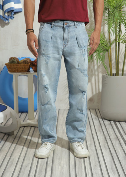 Men's slim fit blue ripped jeans with distressed knee detailing