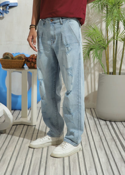 Men's slim fit blue ripped jeans with distressed knee detailing
