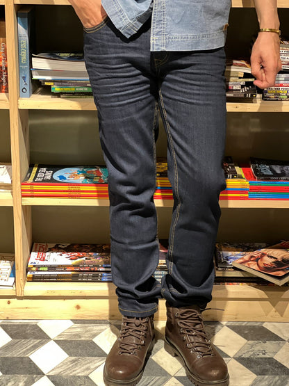 Men’s Slim Fit Dark Blue Jeans with Washed Denim Finish and Stacked Hem Styling