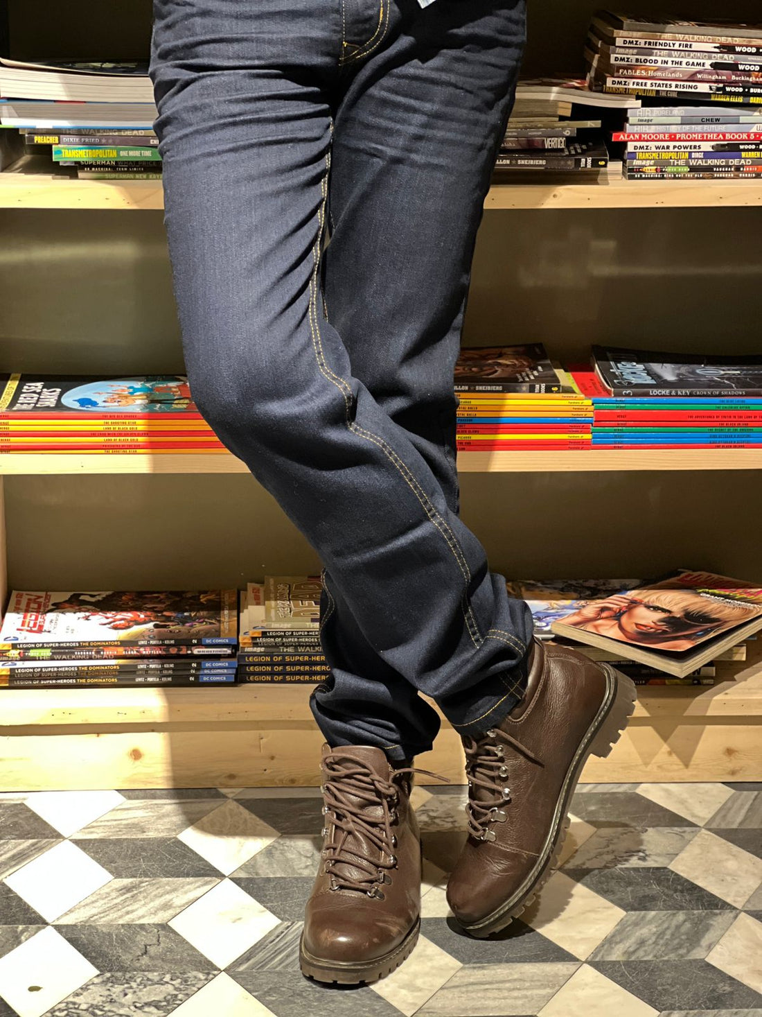 Men’s Slim Fit Dark Blue Jeans with Washed Denim Finish and Stacked Hem Styling