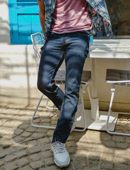 Men’s Slim Fit Dark Blue Jeans with Washed Denim Finish and Stacked Hem Styling