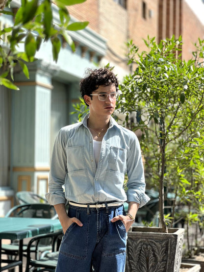 Men's steel blue denim shirt with relaxed fit and everyday styling