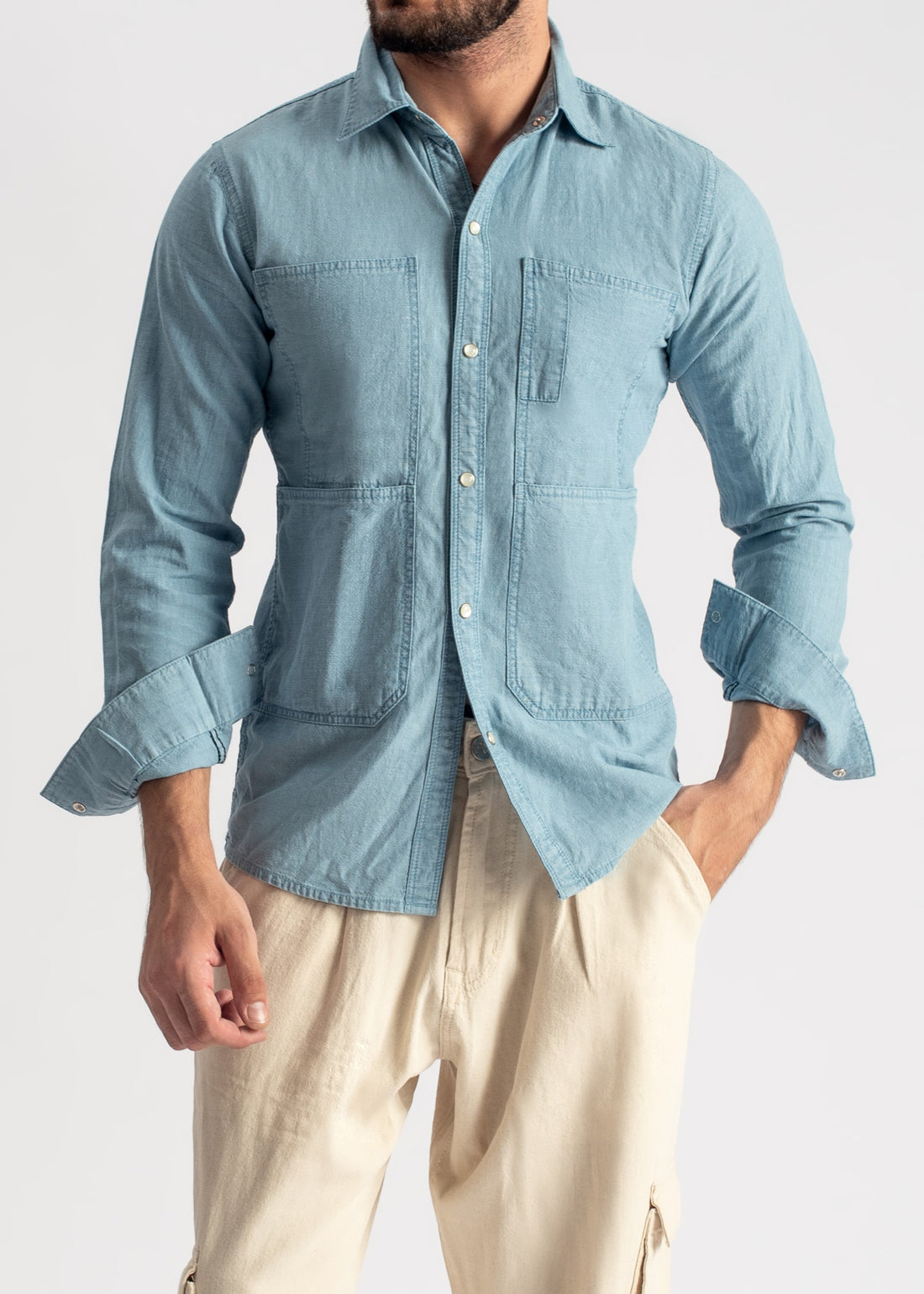 Men's steel blue denim shirt with relaxed fit and everyday styling