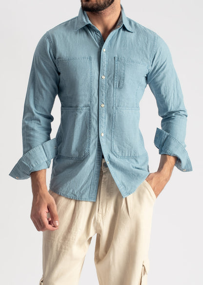 Men's steel blue denim shirt with relaxed fit and everyday styling