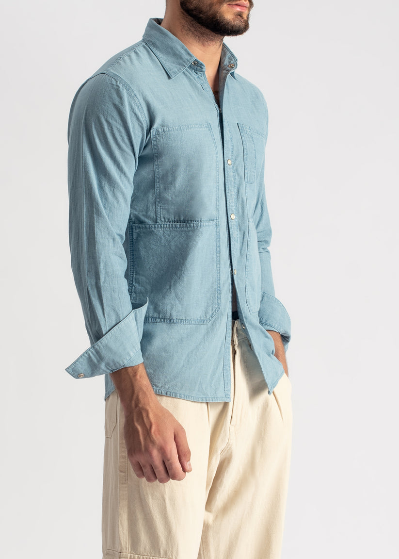 Men's steel blue denim shirt with relaxed fit and everyday styling