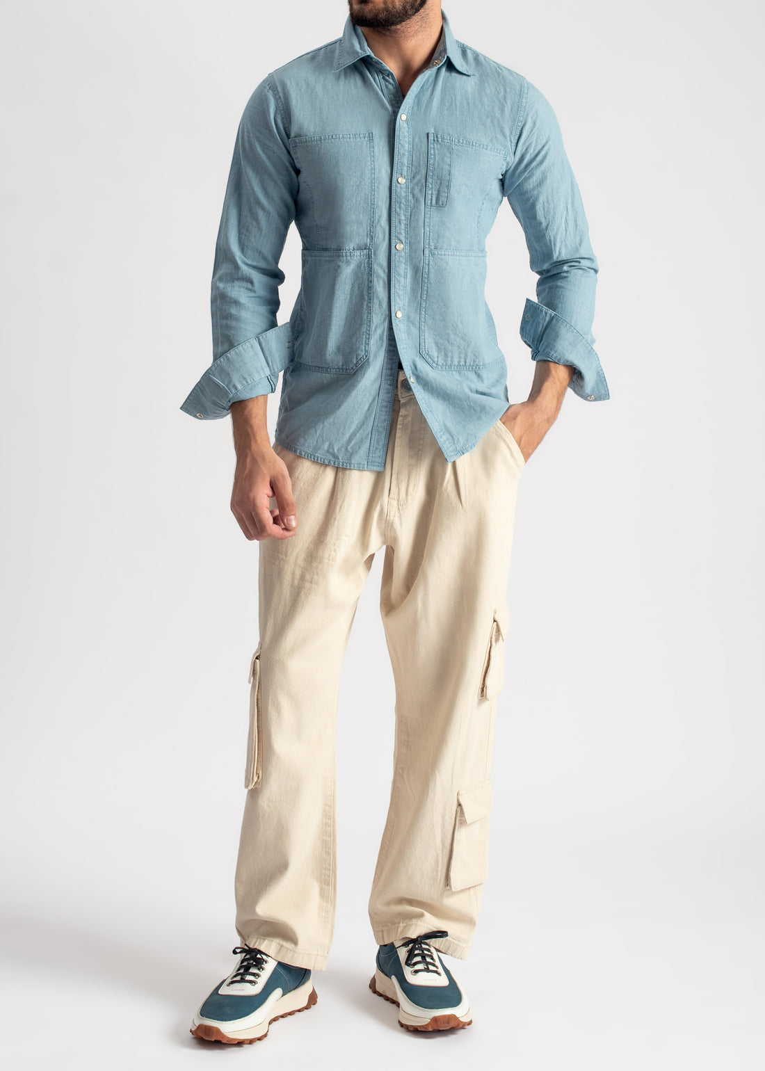 Men's steel blue denim shirt with relaxed fit and everyday styling