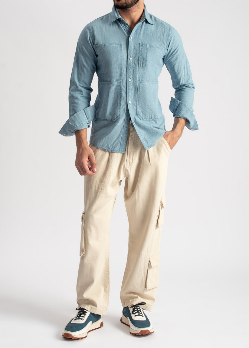 Men's steel blue denim shirt with relaxed fit and everyday styling