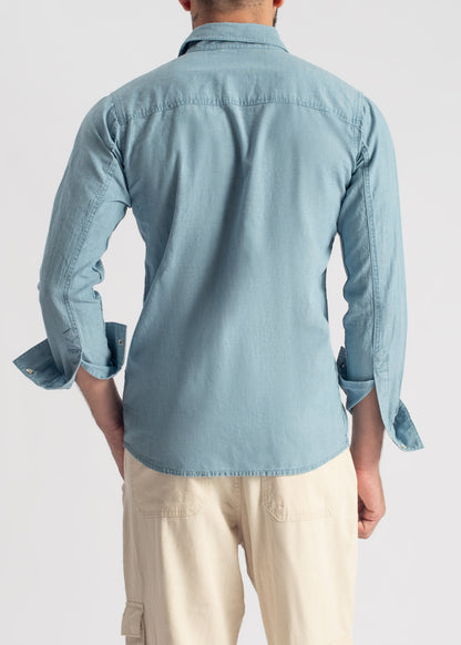 Men's steel blue denim shirt with relaxed fit and everyday styling