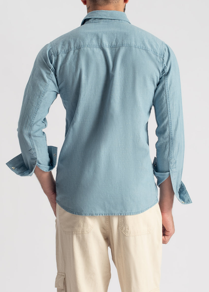 Men's steel blue denim shirt with relaxed fit and everyday styling