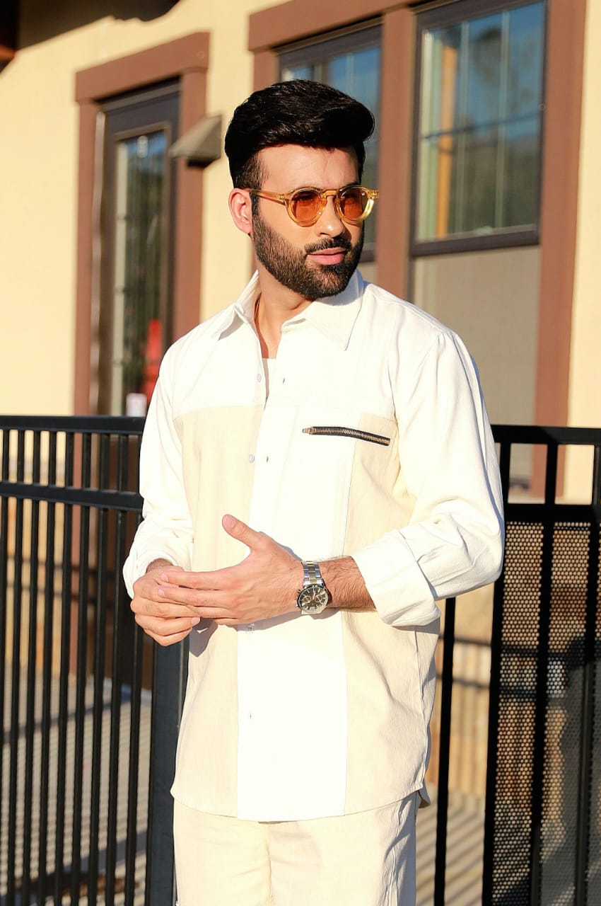 Men's two-tone beige shirt with contrast design and relaxed fit