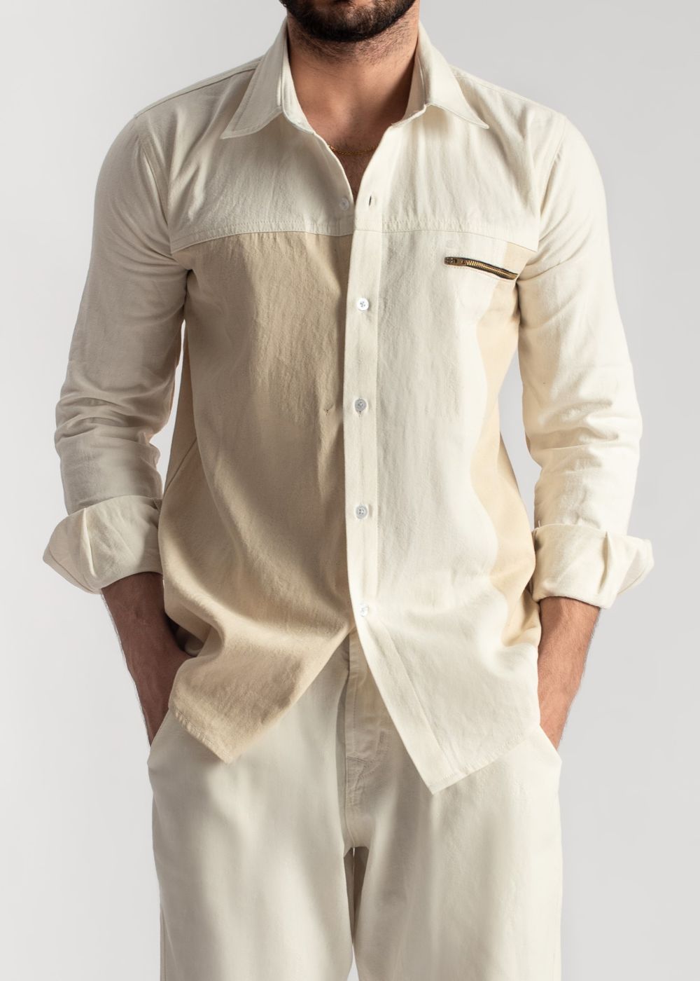 Men's two-tone beige shirt with contrast design and relaxed fit
