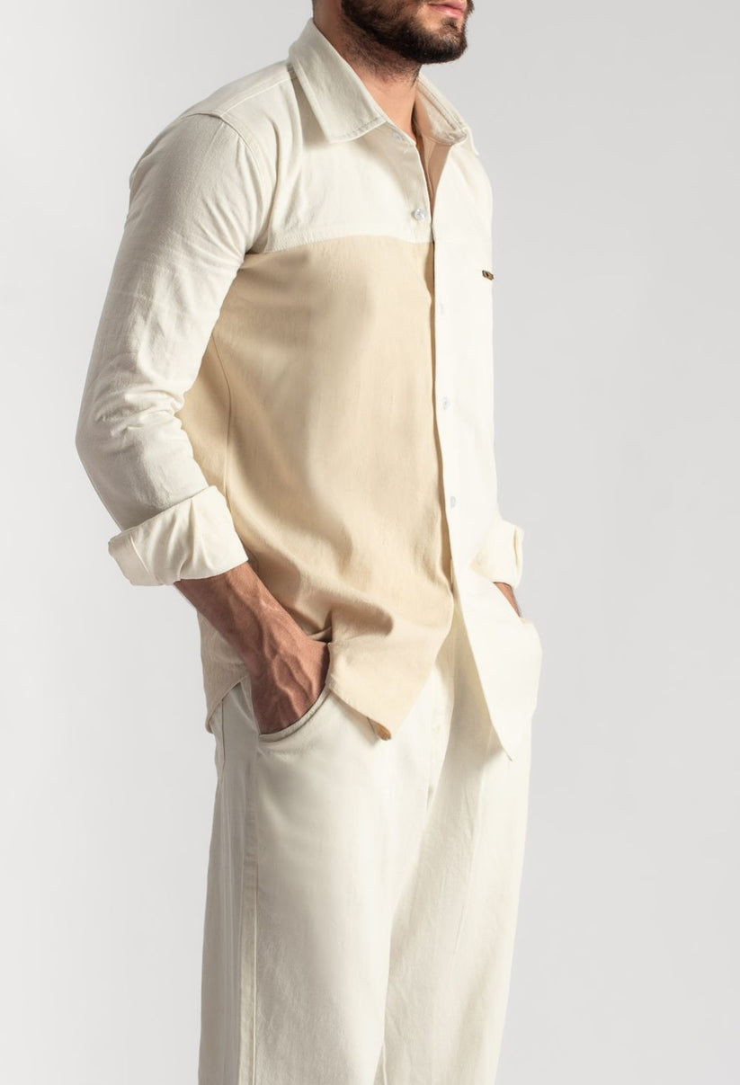 Men's two-tone beige shirt with contrast design and relaxed fit