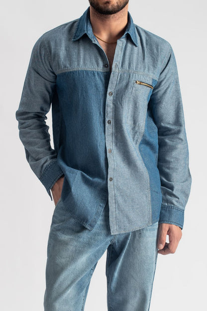 Men's two-tone blue casual shirt with contrast design and modern fit