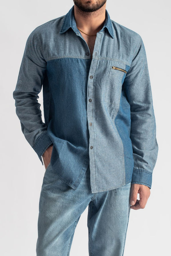Men's two-tone blue casual shirt with contrast design and modern fit