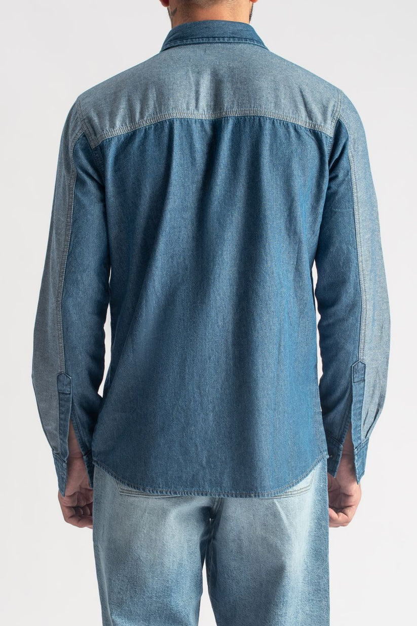 Men's two-tone blue casual shirt with contrast design and modern fit