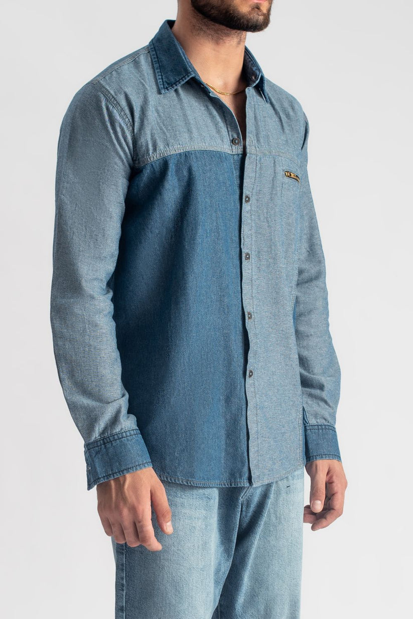 Men's two-tone blue casual shirt with contrast design and modern fit