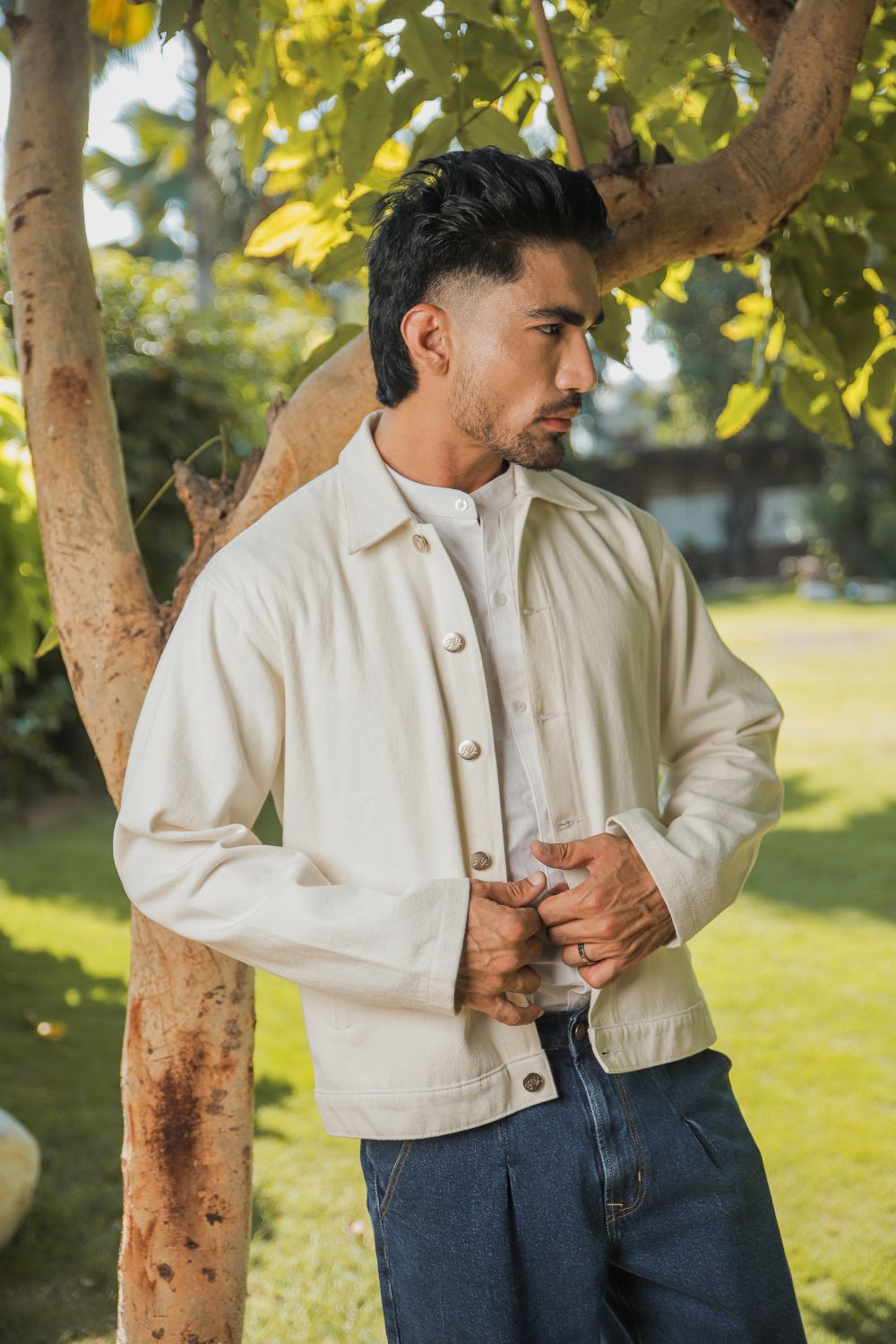 Men's white denim shacket with button front
