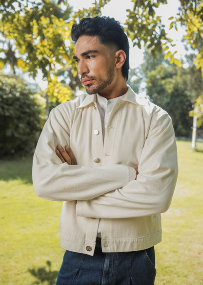 Men's white denim shacket with button front