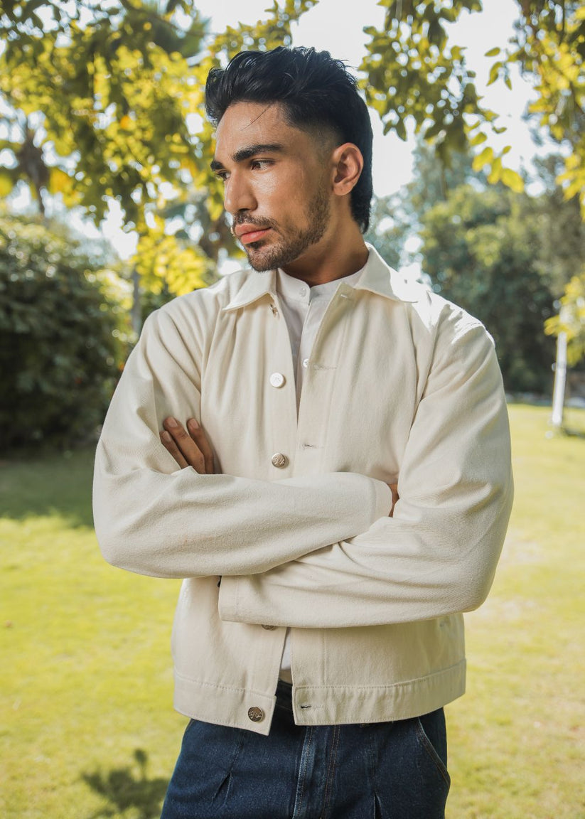 Men's white denim shacket with button front