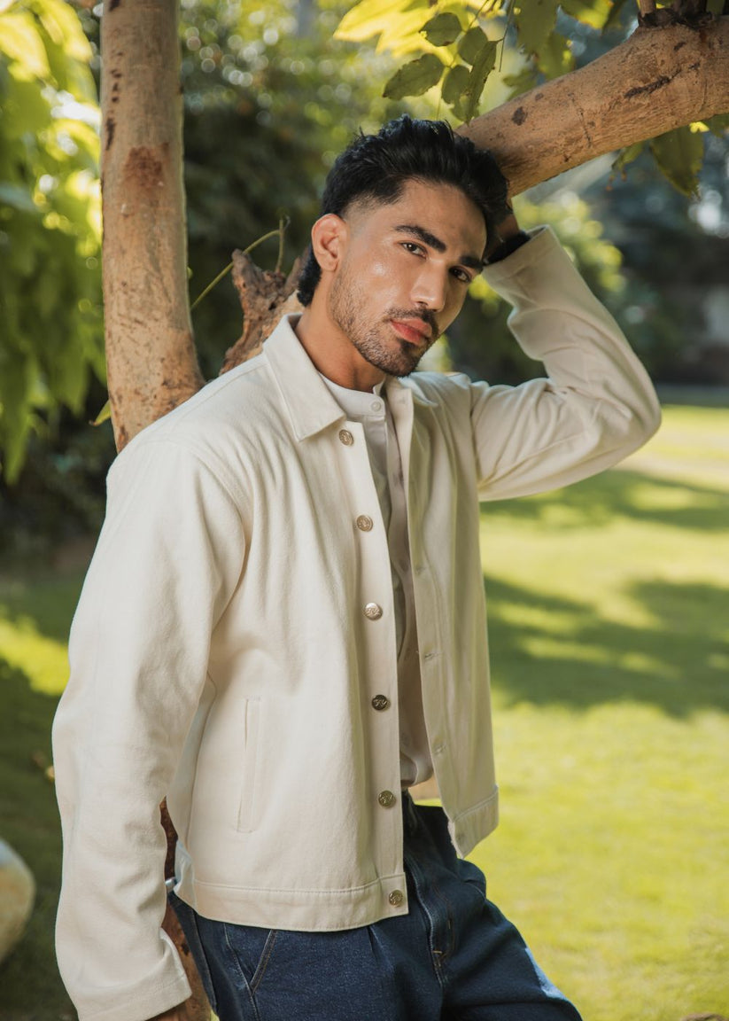 Men's white denim shacket with button front 