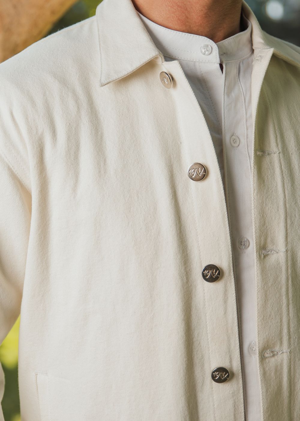 Men's white denim shacket with button front