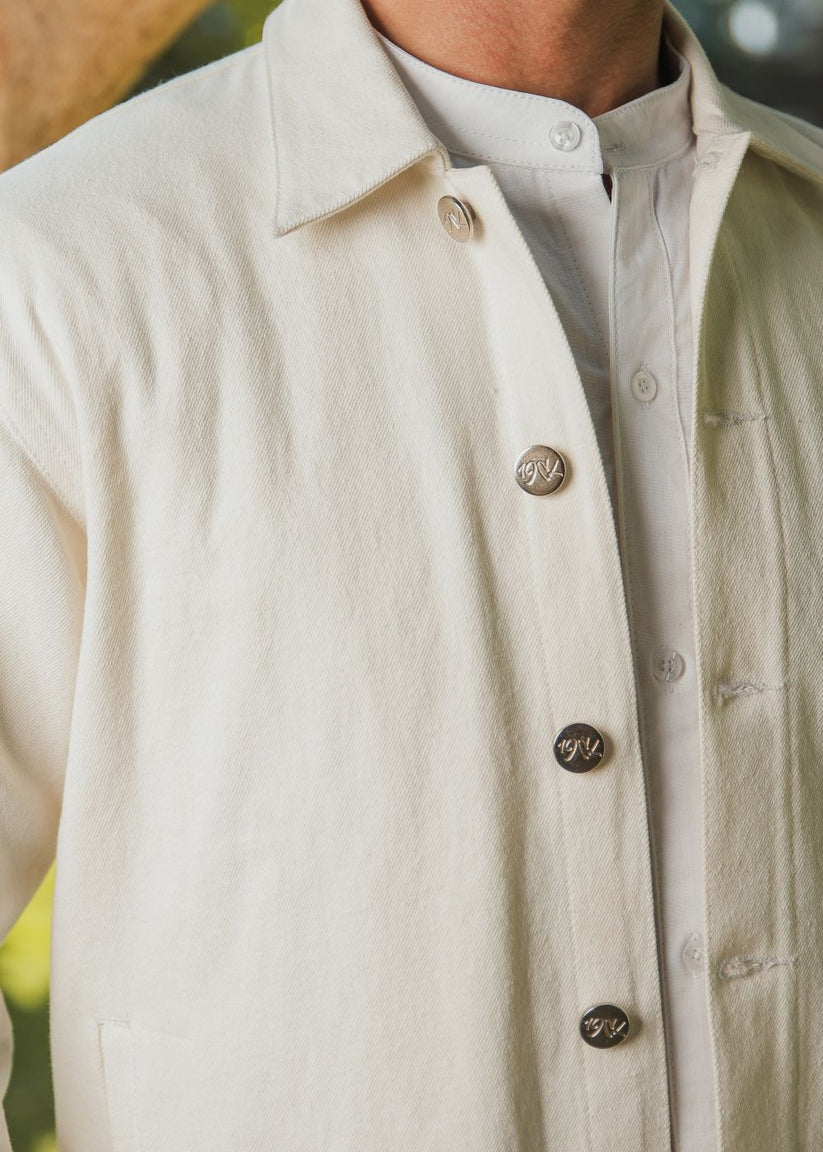 Men's white denim shacket with button front