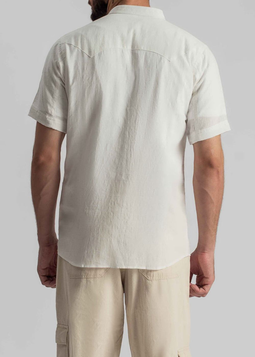 Men's white half sleeve summer shirt with relaxed fit and lightweight feel