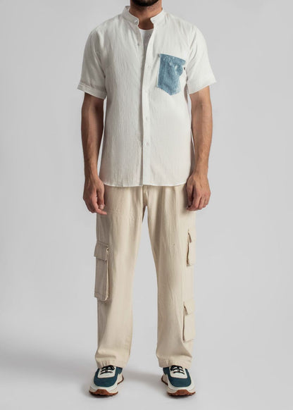 Men's white half sleeve summer shirt with relaxed fit and lightweight feel