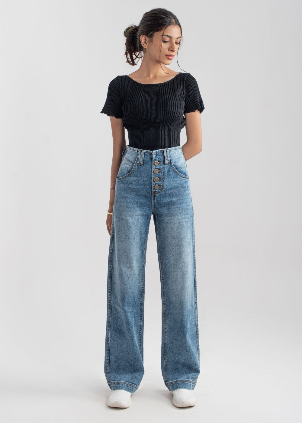 Women's Mid Blue Wide Leg button jeans 